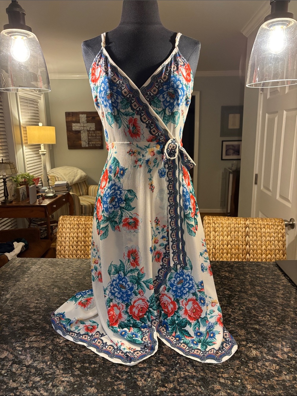 fab'rik White Floral Wrap Midi Dress with Blue & Red Blooms
